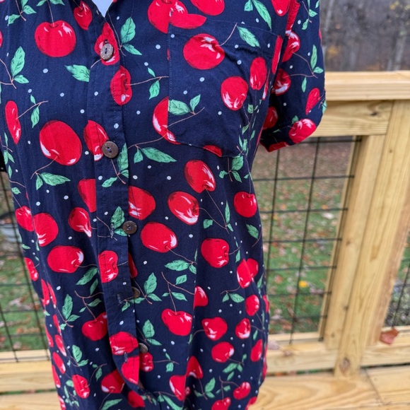 Navy Cherry Print Women's Button Down Shirt - Picture 2 of 3